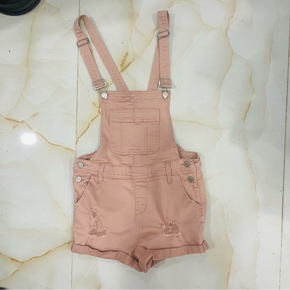 I & M Jeans Trendy Pink Distressed Short Overalls Adjustable Straps Women Size M